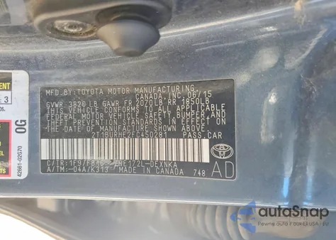 2015 Toyota Corolla L z USA, uszkodzony, nr VIN 2T1BURHE2FC450281